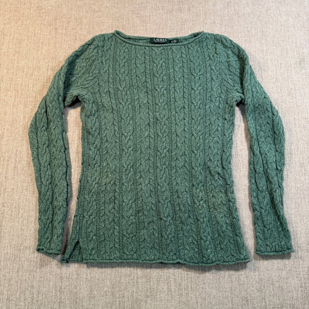 Lauren Ralph Lauren Green Cable Knit Cotton Boat Neck Sweater Womens Medium